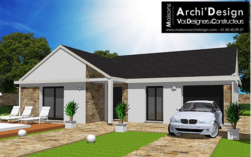 Maison Flo 2 pans porche bardage pierre Archidesign