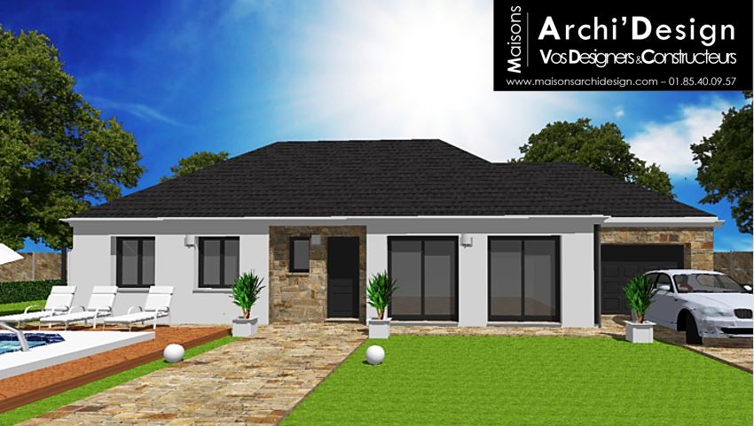 Maison Lio 4 pans porche rentrant stone Archidesign