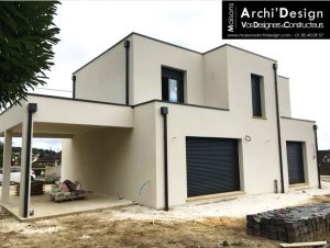 maison sur mesure multiple decroche toit plat en essonne enduit blanc menuiseries gris fonce archidesign