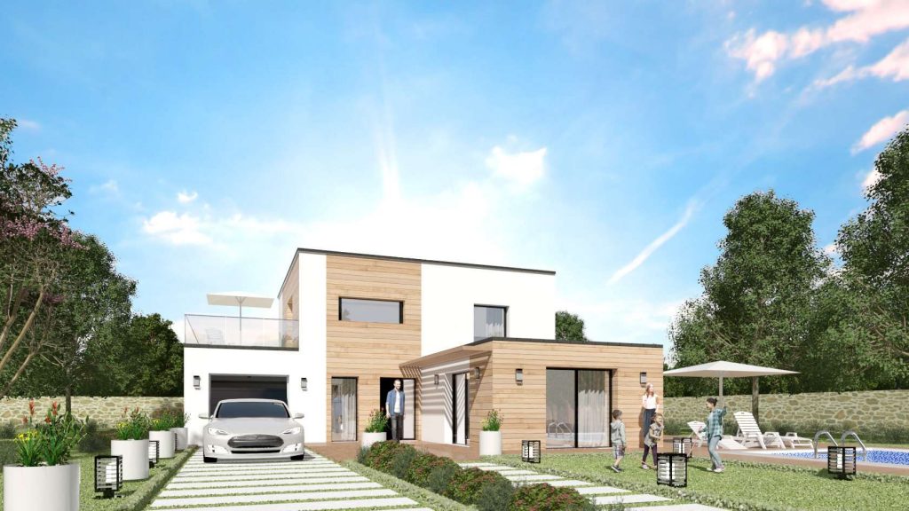 Prix et devis construction maison toit plat terrasse en L en U en V Brique ou Bois