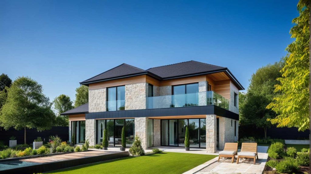 Archi X1-25-4P Constructeur Maison 4 pans Architecte Sur Mesure Parement Pierre Zinc et Trespa