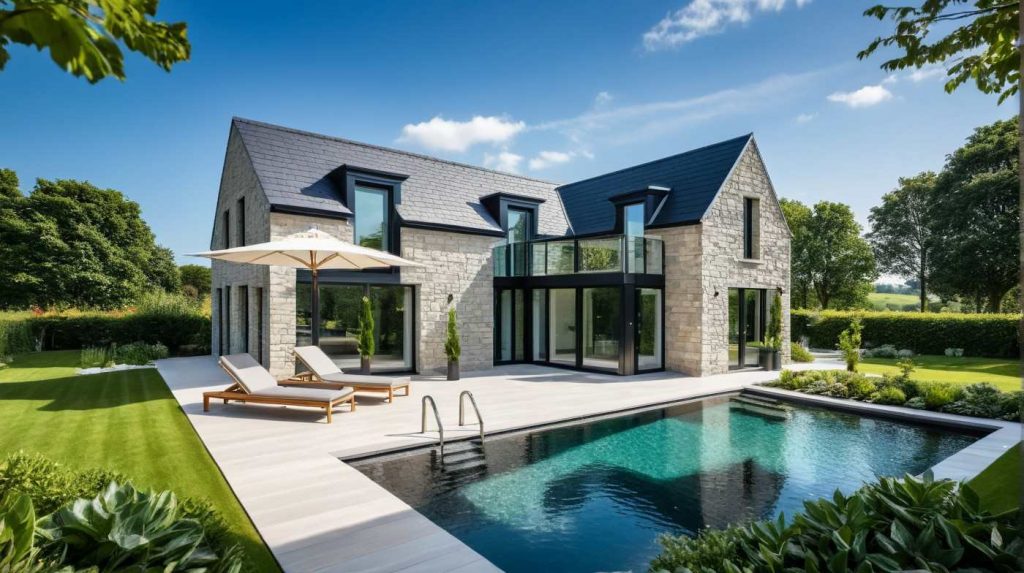 ArchiConcept L4 - Maison combles aménagés en L avec grandes baies vitrées, bow window, balcon, moderne, design et parement pierre