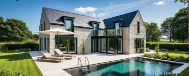 ArchiConcept L4 - Maison combles aménagés en L avec grandes baies vitrées, bow window, balcon, moderne, design et parement pierre