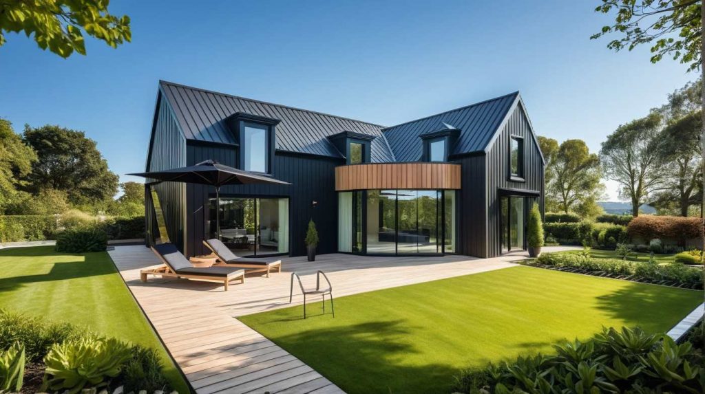 ArchiConcept L4 - Maison combles aménagés en L avec grandes baies vitrées, bow window, balcon, moderne, design et bardage zinc ou bois anthracite