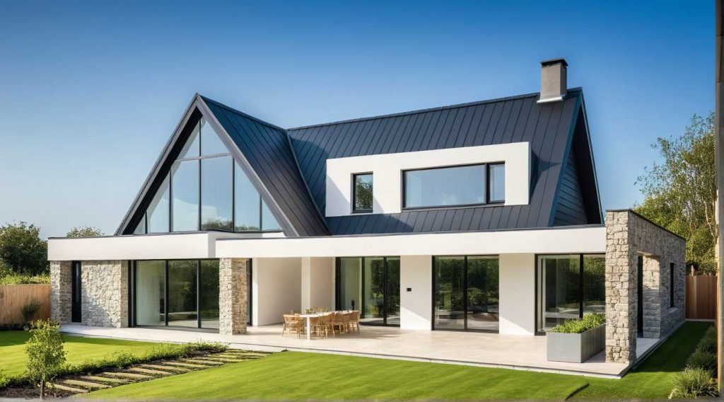 ArchiConcept TT L1 - maison en L comble aménagé, baie fenêtre en triangle et biseau et lucarne toit plat