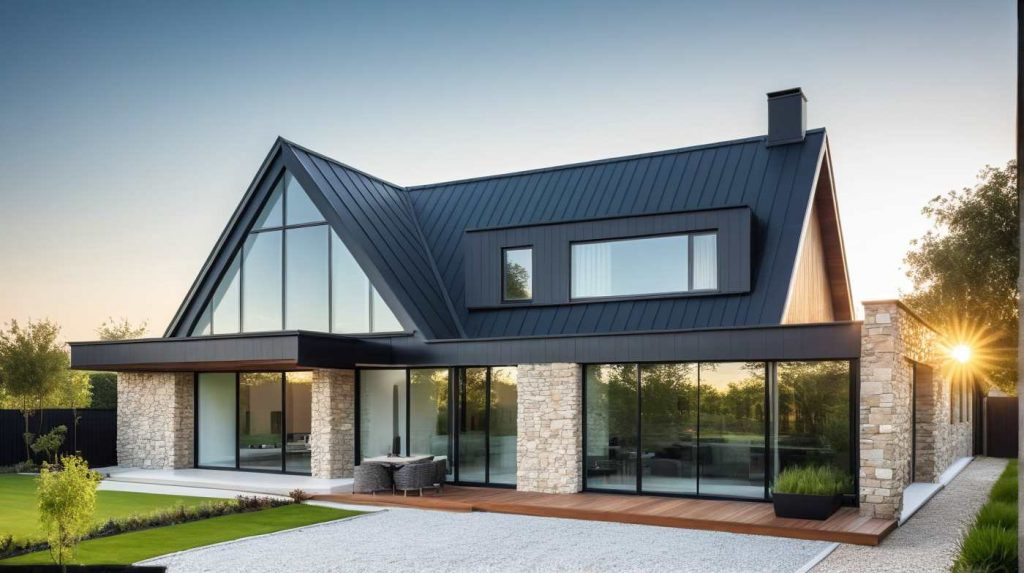 ArchiConcept TT L1 - maison en L comble aménagé, baie fenêtre en triangle et biseau et lucarne toit plat