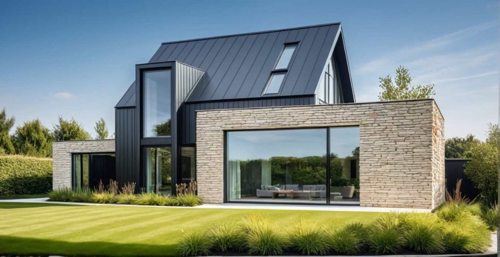 ArchiConcept TT TL3 - modèle maison combles aménagés à étage moderne design type architecte et parement pierre ou bardage bois et toiture ardoise, zinc ou bacacier