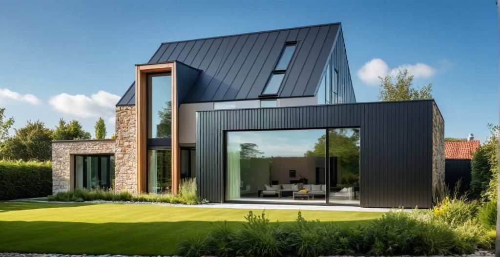 ArchiConcept TT TL3 - modèle maison combles aménagés à étage moderne design type architecte et parement pierre ou bardage bois et toiture ardoise, zinc ou bacacier
