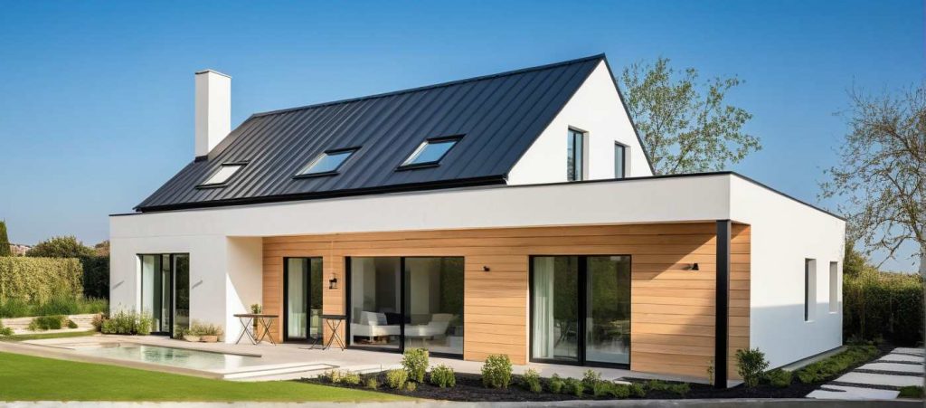 ArchiConcept TT4 - maison 2 pans avec décroché toit plat, bardage bois et tuile noire moderne design