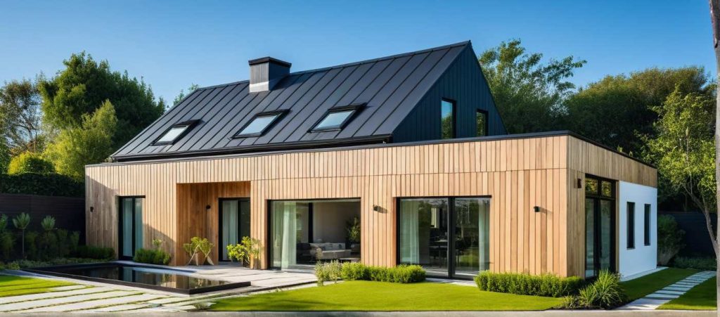 ArchiConcept TT4 - maison 2 pans avec décroché toit plat, bardage bois et tuile noire moderne design
