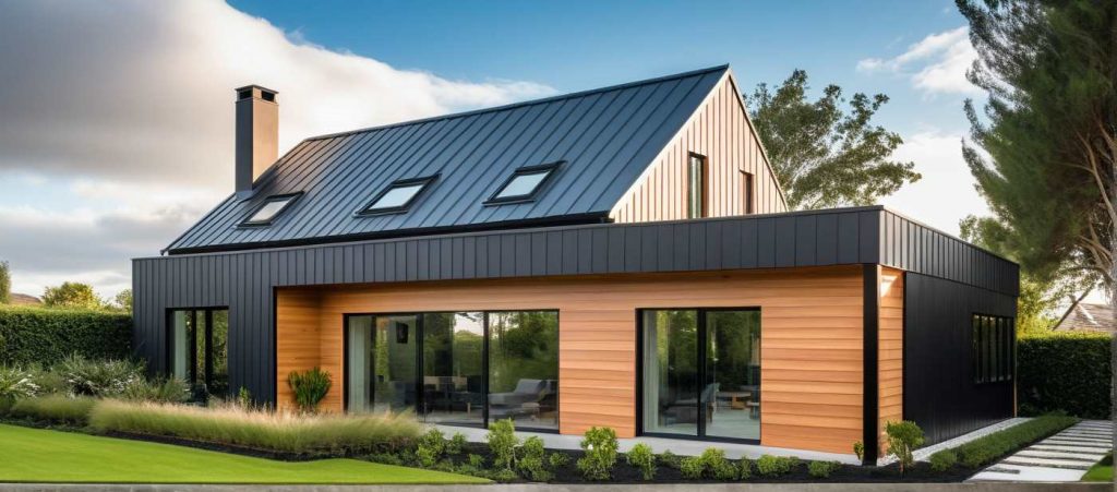ArchiConcept TT4 - maison 2 pans avec décroché toit plat, bardage bois et tuile noire