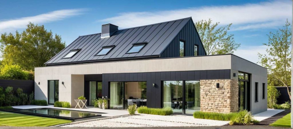 ArchiConcept TT4 - maison 2 pans avec décroché toit plat, bardage bois et tuile noire