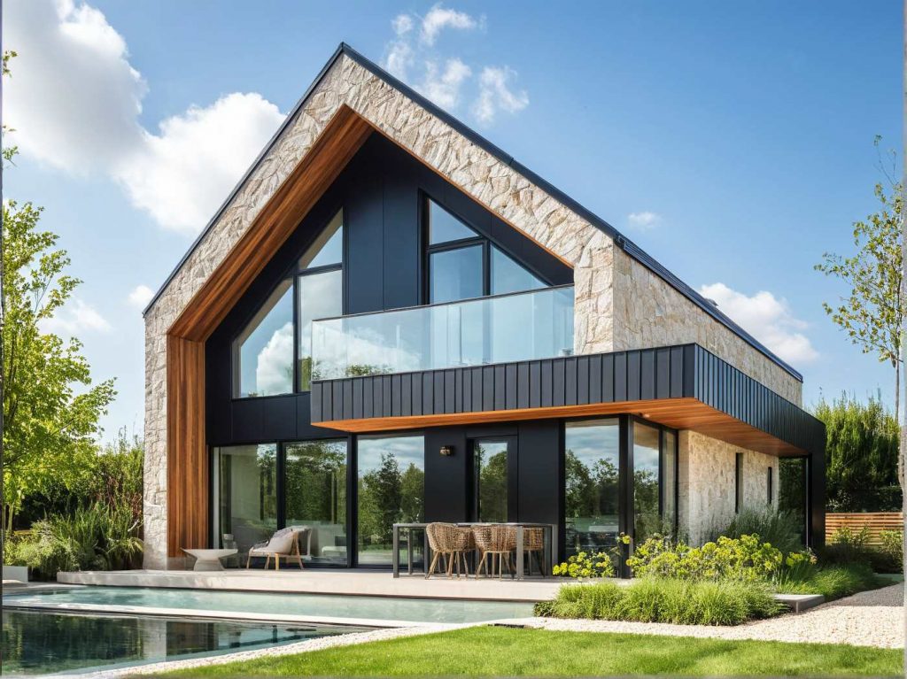 ArchiConcept TTI 1 - maison combles aménagés moderne faitage inversé design parement pierre et bardage zinc ou bois anthracite
