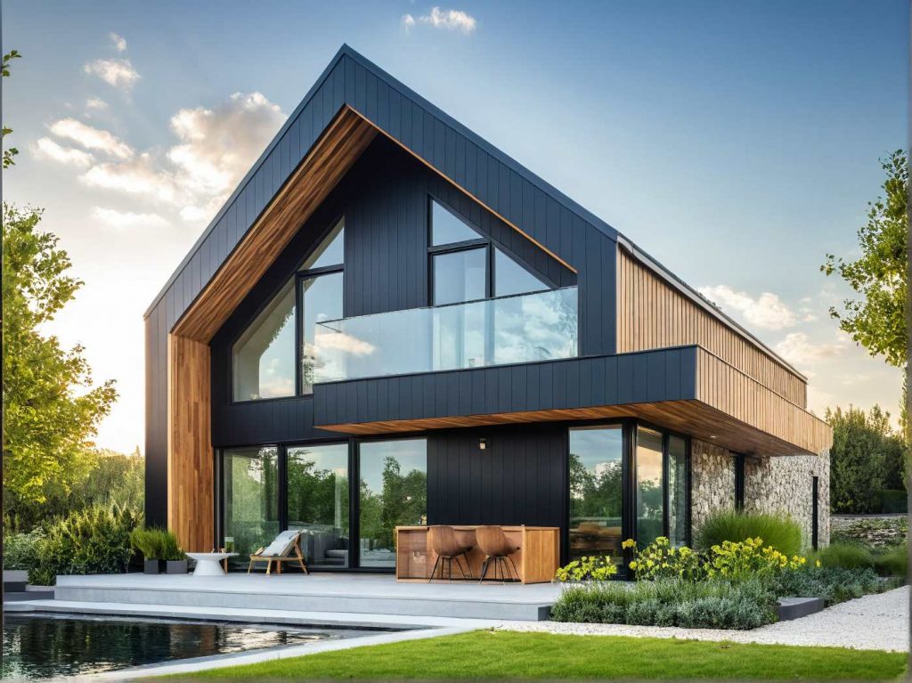 ArchiConcept TTI 1 - maison combles aménagés moderne faitage inversé design, bardage bois et anthracite et balcon en avancée avec décroché toit plat