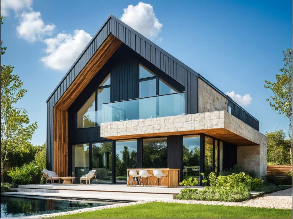 ArchiConcept TTI 1 - maison combles aménagés moderne faitage inversé design, bardage bois et anthracite et balcon en avancée avec décroché toit plat