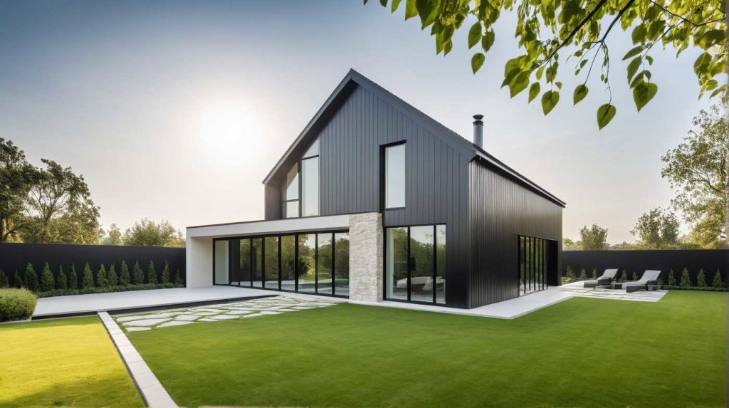 ArchiConcept TTI5, maison moderne design combles aménagés, faitage inversé, bardage bois et parement pierre ou zinc