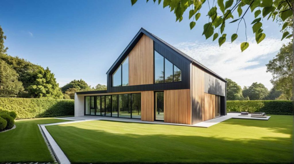 ArchiConcept TTI5, maison moderne design combles aménagés, faitage inversé, bardage bois et parement pierre ou zinc