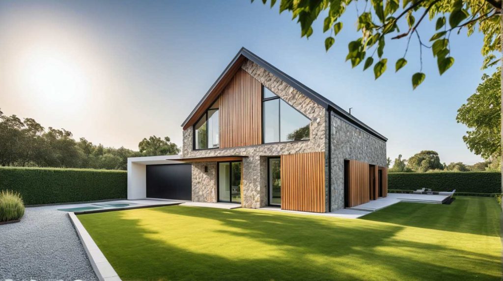 ArchiConcept TTI5, maison moderne design combles aménagés, faitage inversé, bardage bois et parement pierre ou zinc