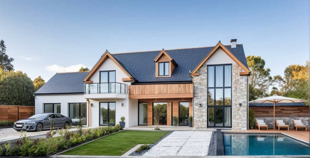 ArchiConcept U1 - Modèle Maison Etage Combles Aménagés Réhaussé sur mesure haut de gamme d'architecte moderne design, baie toute hauteur, balcon et bardage bois et pierre