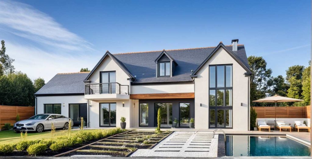 ArchiConcept U1 - Modèle Maison Etage Combles Aménagés Réhaussé sur mesure haut de gamme d'architecte moderne design, baie toute hauteur, balcon et grandes baies