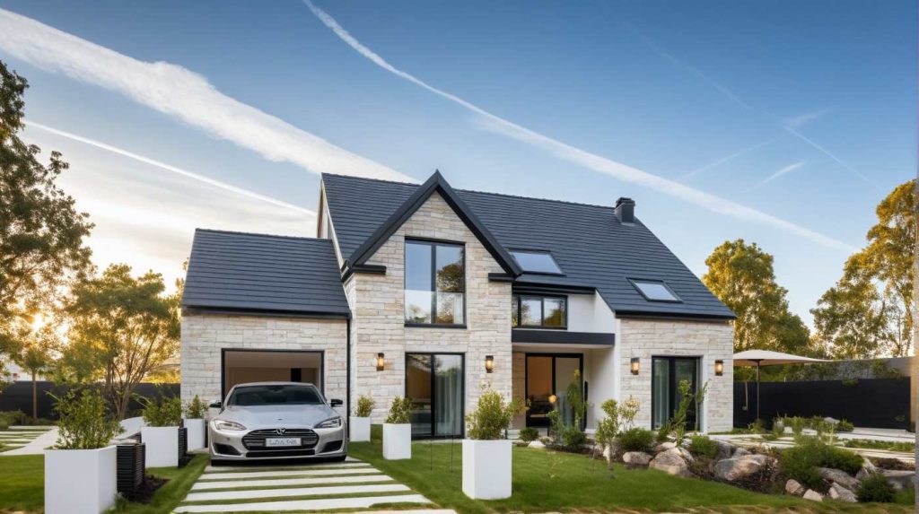 ArchiConcept UB2 - maison combles aménagés moderne design avec décroché, porche et parement pierre