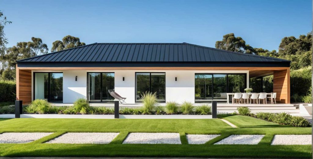 ArchiCrea D1 - modèle maison neuve plain pied, toit 4 pans, type architecte, sur mesure, enduit blanc