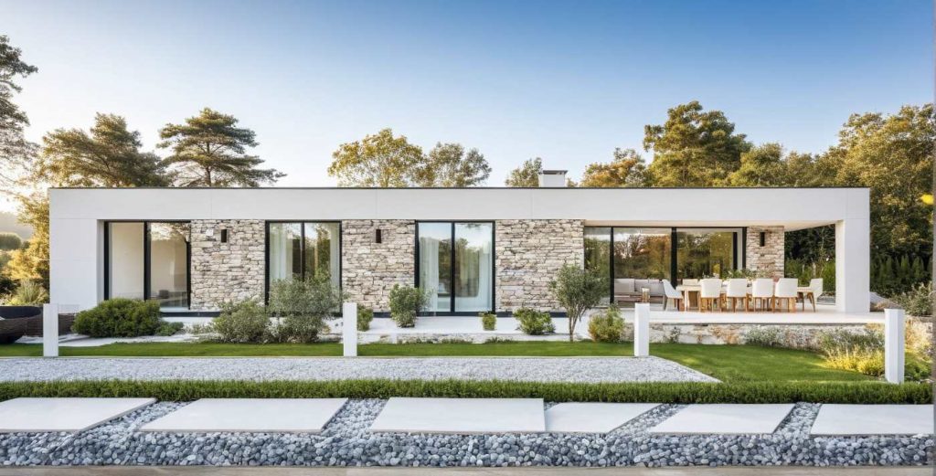 ArchiCrea D1 - modèle maison neuve plain pied toit plat terrasse, type architecte, sur mesure, enduit blanc et parement pierre