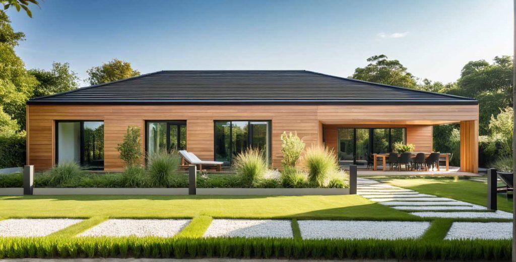 ArchiCrea D1 - modèle maison neuve plain pied, toit 4 pans, type architecte, sur mesure, bardage bois