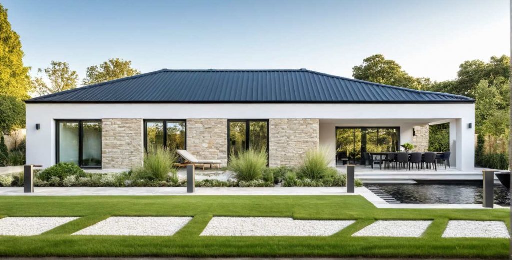 ArchiCrea D1 - modèle maison neuve plain pied, toit 4 pans, type architecte, sur mesure, enduit blanc et parement pierre