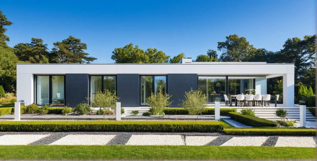 ArchiCrea D1 - modèle maison neuve plain pied toit plat terrasse, type architecte, sur mesure, enduit blanc et anthracite