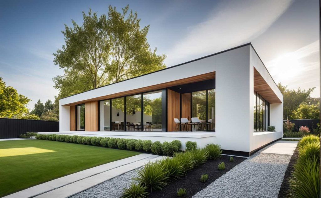 ArchiCrea D3 - modèle plain pied toit terrasse design bardage bois et enduit blanc