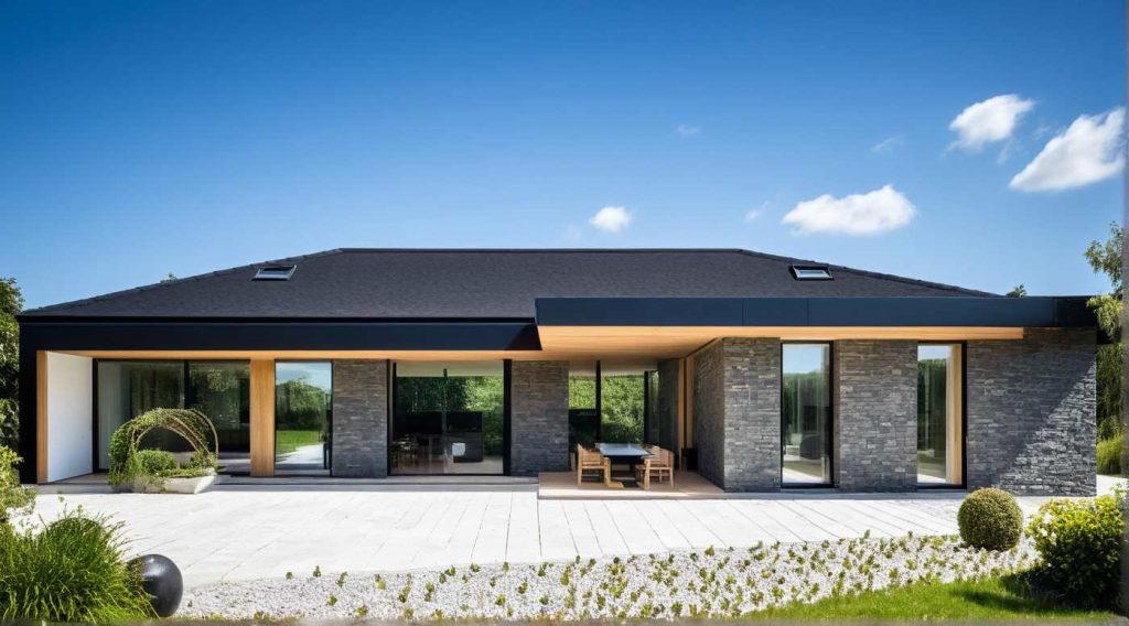 ArchiCrea L3, maison de plain pied en L, moderne, design contemporaine, 4 pans et toit terrasse
