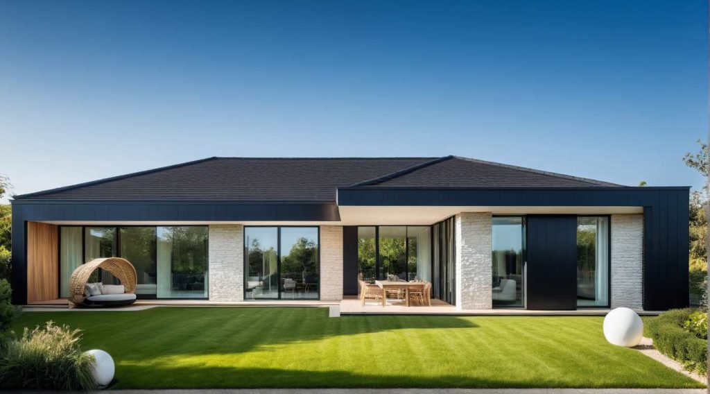 ArchiCrea L3, maison de plain pied en L, moderne, design contemporaine, 4 pans et toit terrasse