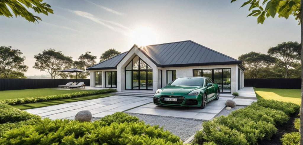 ArchiCrea T1 Custom - maison de plain pied avec avancée en T et baie triangle biseau