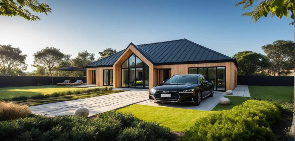 ArchiCrea T1 Custom - maison de plain pied avec avancée en T et baie triangle biseau