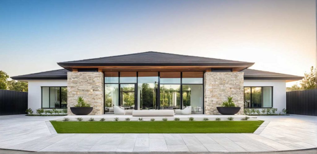 ArchiCrea T2 Custom - maison de plain pied avec avancée en T 4 pans et baie toute hauteur, moderne, contemporaine, type architecte, parement pierre