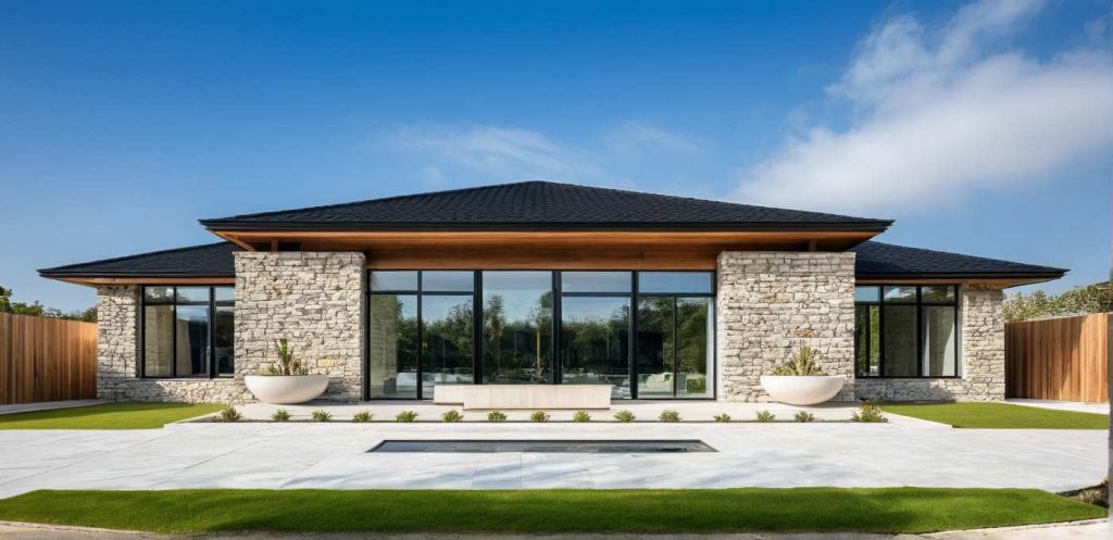 ArchiCrea T2 Custom - maison de plain pied avec avancée en T 4 pans et baie toute hauteur, moderne, contemporaine, type architecte, parement pierre