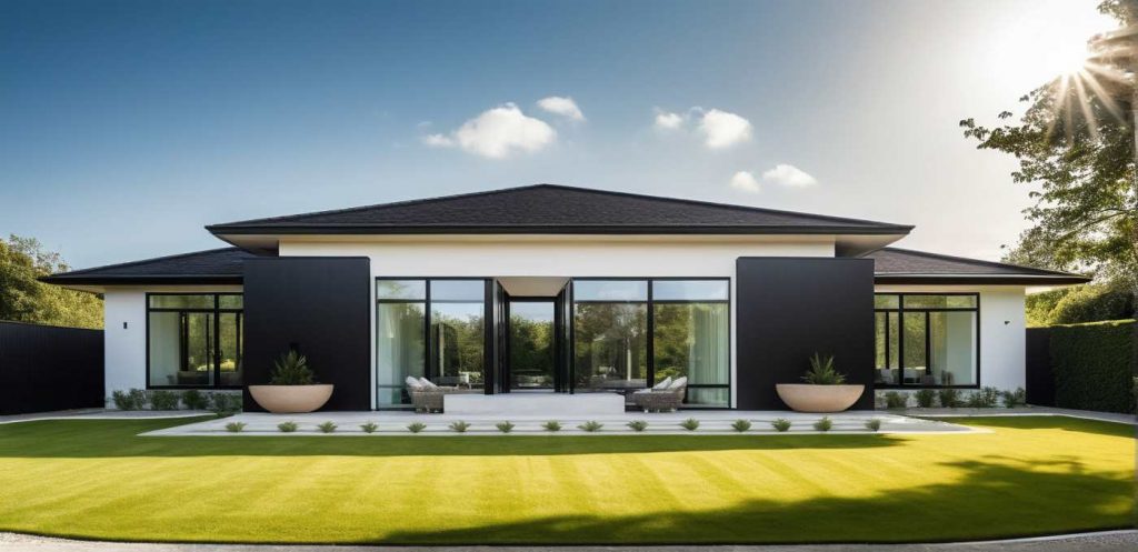 ArchiCrea T2 Custom - maison de plain pied avec avancée en T 4 pans et baie toute hauteur, moderne, contemporaine, type architecte, parement pierre