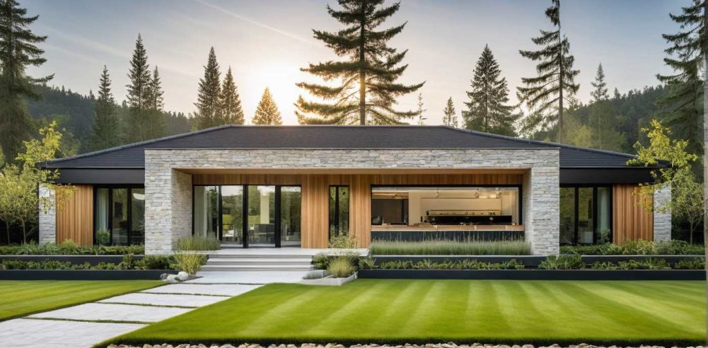 ArchiCrea T3 - maison de plain pied, design, moderne, avancée en T centrale en toit plat et 4 pans