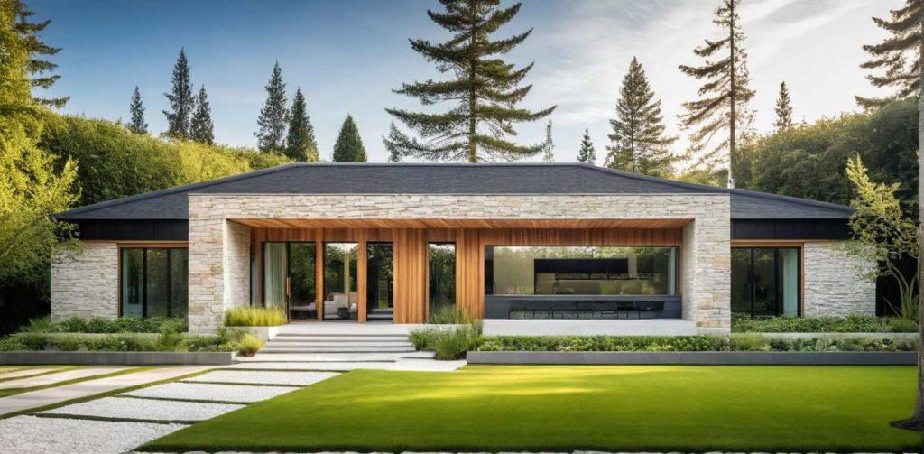 ArchiCrea T3 - maison de plain pied, design, moderne, avancée en T centrale en toit plat et 4 pans