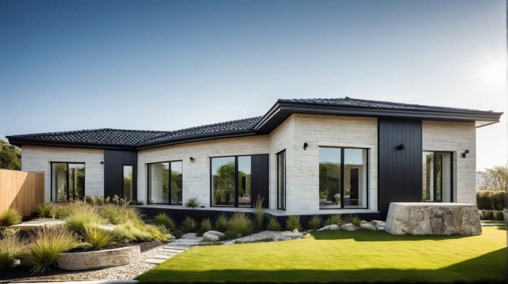 ArchiCrea V1 - maison de plain pied en V avec grandes baies vitrées et toit 4 pans moderne design