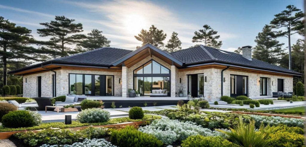 ArchiCrea V2 - Modèle de plain pied en V design moderne avec une baie toute hauteur sur séjour cathédrâle