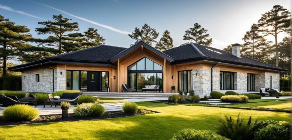 ArchiCrea V2 - Modèle de plain pied en V design moderne avec une baie toute hauteur sur séjour cathédrâle avec bardage bois et parement pierre