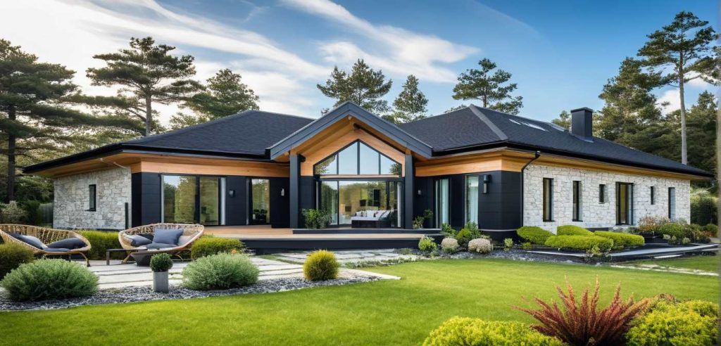 ArchiCrea V2 - Modèle de plain pied en V design moderne avec une baie toute hauteur sur séjour cathédrale avec bardage bois et enduit anthracite