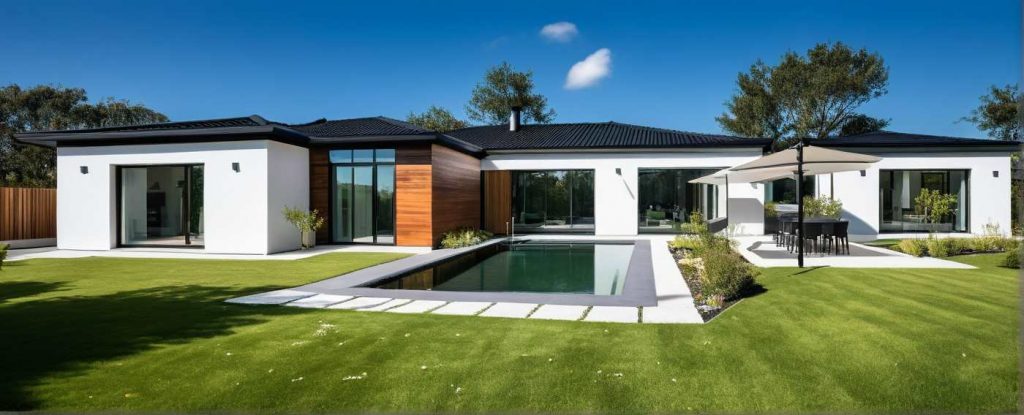 ArchiCrea X1 - modèle maison plain pied, toit 4 pans, moderne, design, avec décrochés, bardage bois et enduit blanc