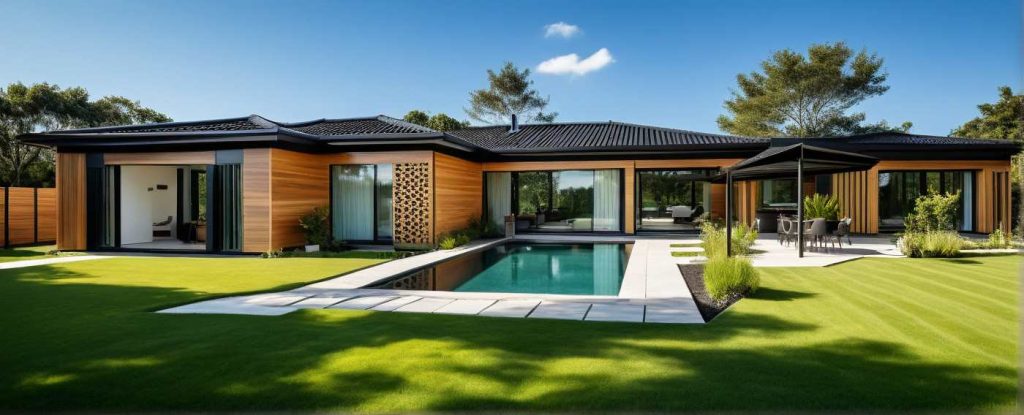 ArchiCrea X1 - modèle maison plain pied, toit 4 pans, moderne, design, avec décrochés, bardage bois et menuiseries anthracite
