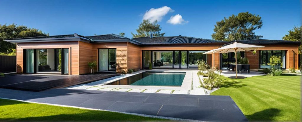 ArchiCrea X1 - modèle maison plain pied, toit 4 pans, moderne, design, avec décrochés, bardage bois