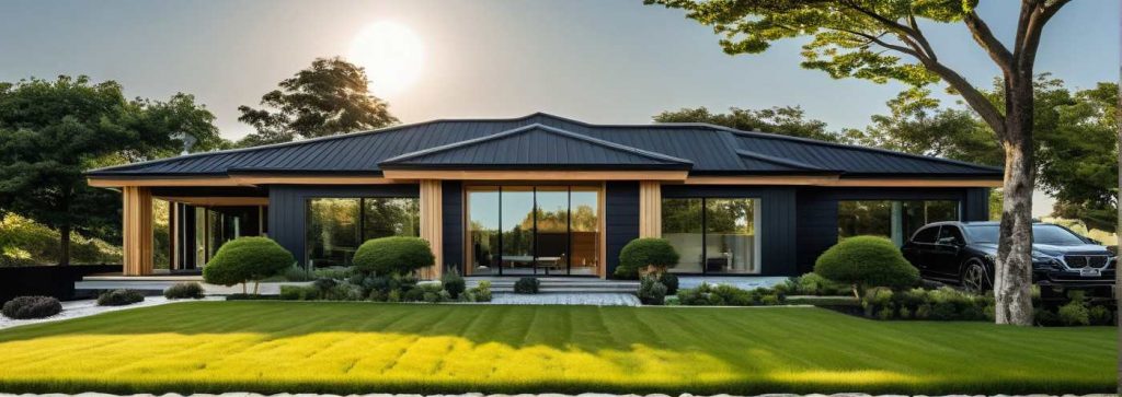 ArchiCrea X2 - Modele Maison Plain pied sur mesure avec décroché, toiture 4 pans, moderne, design, grandes baies vitrées, bardage bois et anthracite