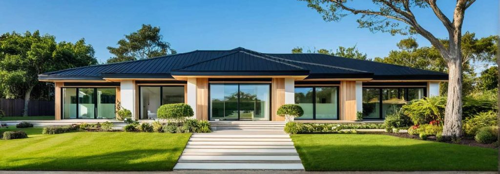 ArchiCrea X2 - Modele Maison Plain pied sur mesure avec décroché, toiture 4 pans, moderne, design, grandes baies vitrées, bardage bois et enduit blanc
