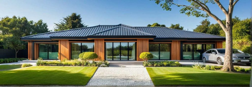 ArchiCrea X2 - Modele Maison Plain pied sur mesure avec décroché, toiture 4 pans, moderne, design, grandes baies vitrées, bardage bois